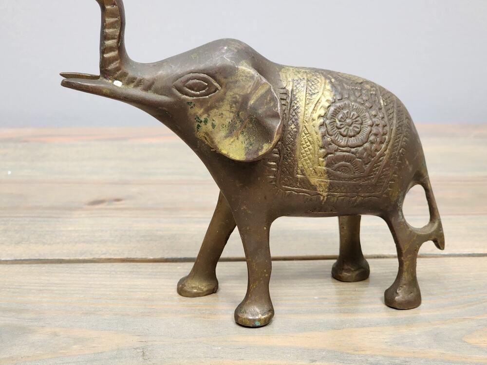 Vintage Brass Elephant Statue Ornate Textured Design Figurine Home Decor